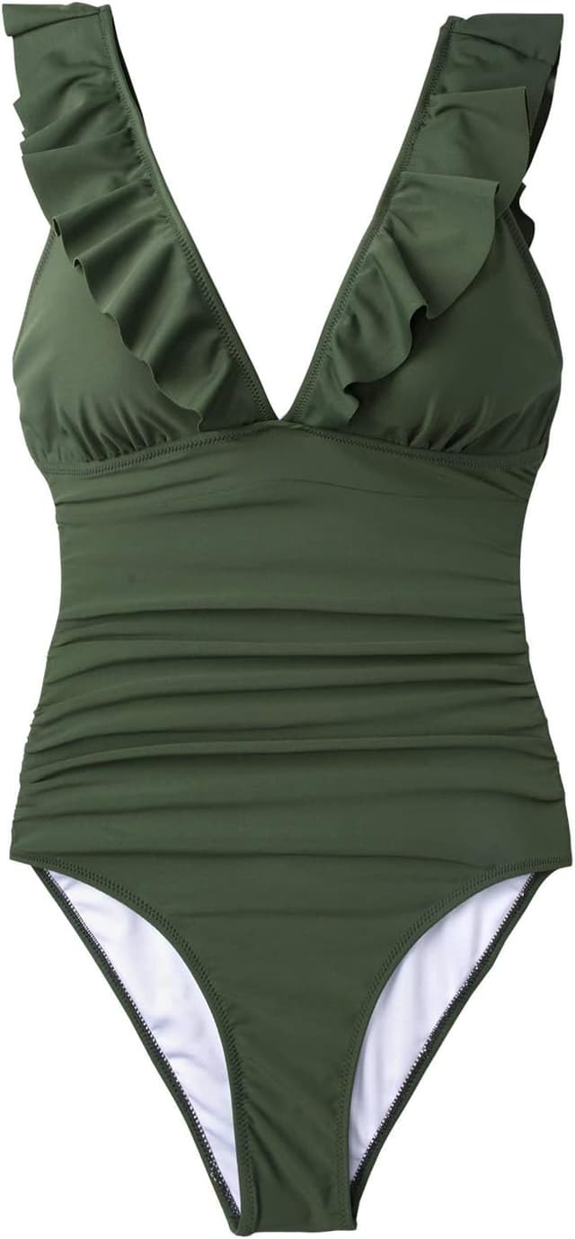 Detalle de CUPSHE Damen Badeanzug mit Rüschen & V-Ausschnitt (einteilig, Bauchweg-Optik)