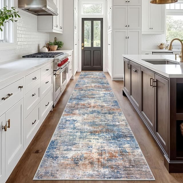 Detalle 2 de IOHOUZE Abstract Runner Rug, 3x18 Ft Washable Non-Slip Kitchen Hallway Runner (Blue/Rust/White)