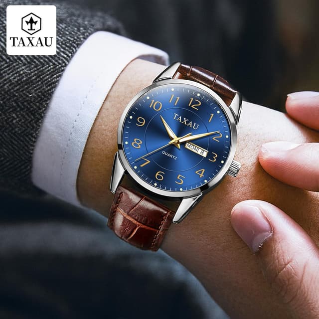 Detalle de Taxau Klassische Lederuhr für Herren – Analog, Quarz, Big Dial mit Lumen- & Day-Date-Anzeige