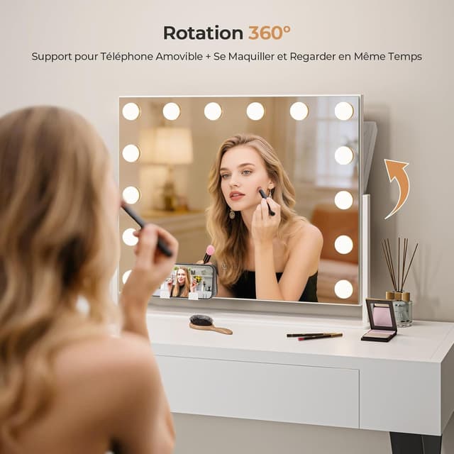 Detalle de Dripex Miroir de maquillage Hollywood LED 14 lumières dimmables 54 x 43 cm avec rotation 360° et miroir x10