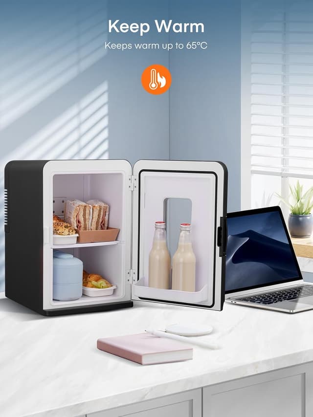 Detalle de FOHERE 2-in-1 Mini-Kühlschrank (15 l) mit Kühl- und Heizfunktion – DC/AC für Auto, Büro & Wohnheim, ECO-Low-Noise – Schwarz