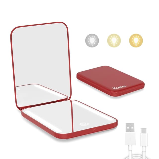 Detalle de Kintion Rechargeable Pocket Mirror (1X/3X) with 3 Color Lights, Dimmable, Wine Red