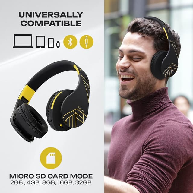 Detalle de PowerLocus Bluetooth Over-Ear Headphones (Black/Yellow) with Mic, Foldable Design, Micro SD/TF and Wired Mode
