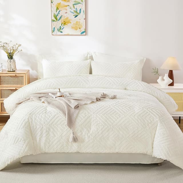 Detalle de Andency Oversized King Comforter Set (7-Piece) in Ivory Boho Tufted Bedding “Bed in a Bag”