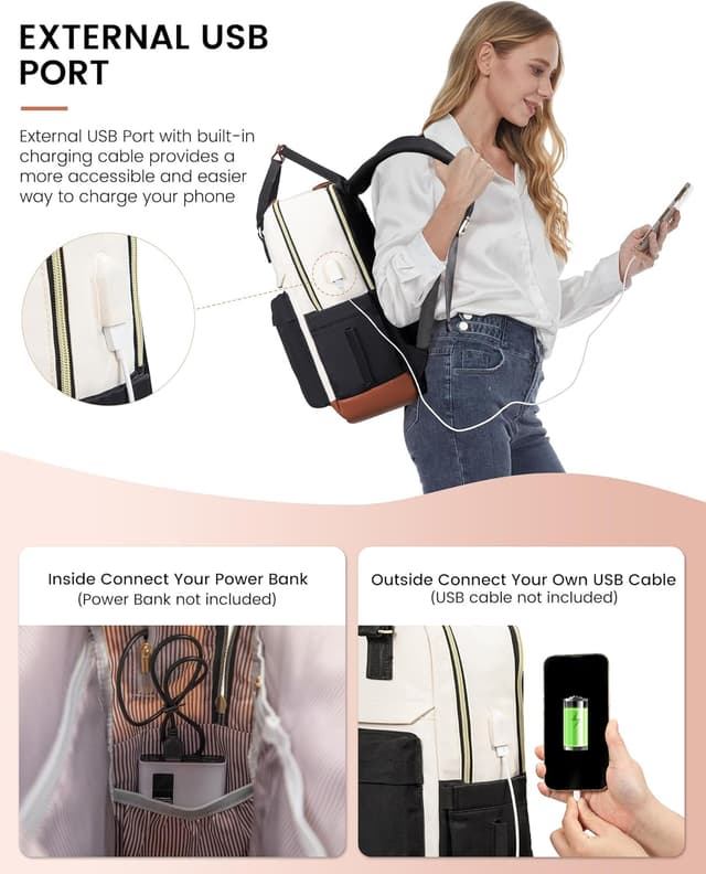 Detalle 2 de LOVEVOOK Women’s Backpack with USB Port and 15.6-inch Laptop Protection (Beige/Black) – waterproof rucksack