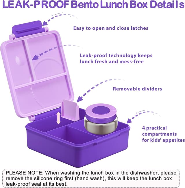 Detalle de Kids Bento Lunch Box Set with 8oz Soup Thermo (Leak-Proof) + 4-Compartment Containers, Insulated Lunch Bag - Purple