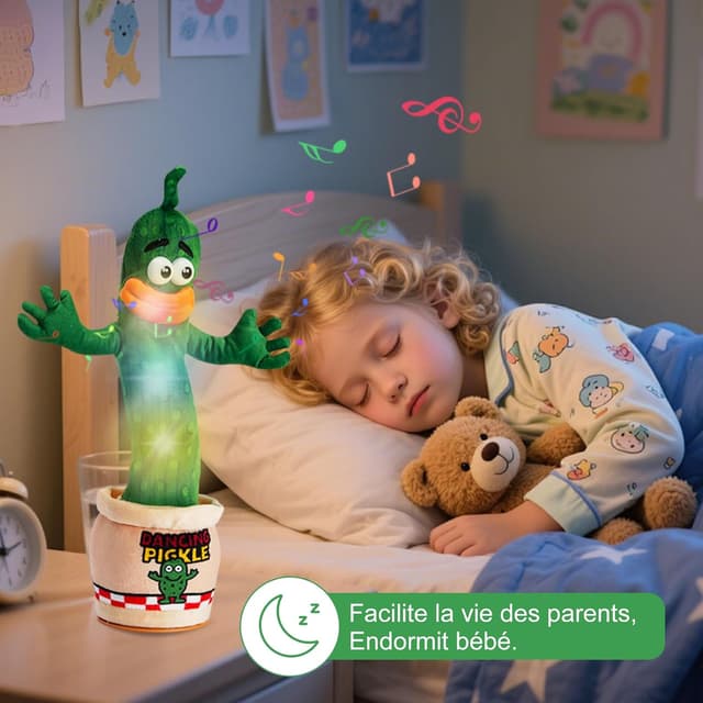 Detalle 2 de Cornichon interactif parlant et dansant pour bébé (0-6, 3-6, 6-12, 12-18 mois) – enregistre, répète, lumières LED et volume réglable