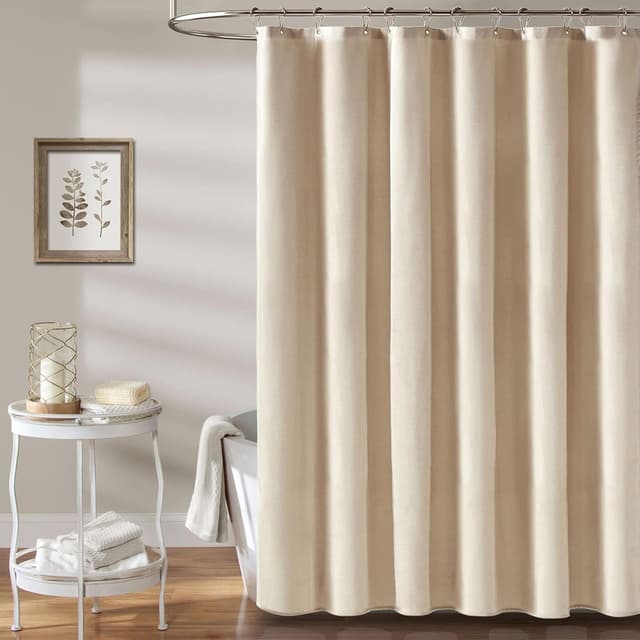 Detalle 2 de BTTN Linen-Texture Fabric Shower Curtain Set (72"x72") with 12 Plastic Hooks, Beige/Cream