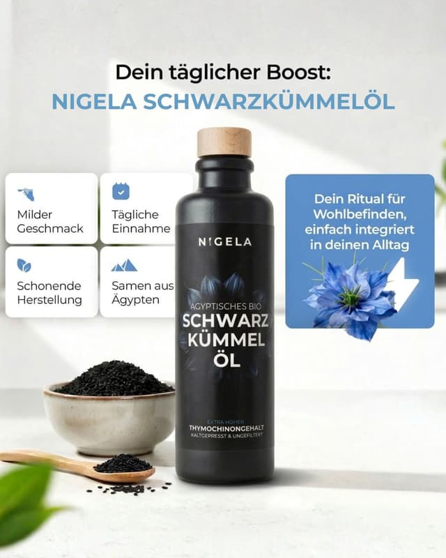 Detalle de Nigela BIO Schwarzkümmelöl ungefiltert – kaltgepresst in lichtgeschützter Keramikflasche, 3 x 200 ml