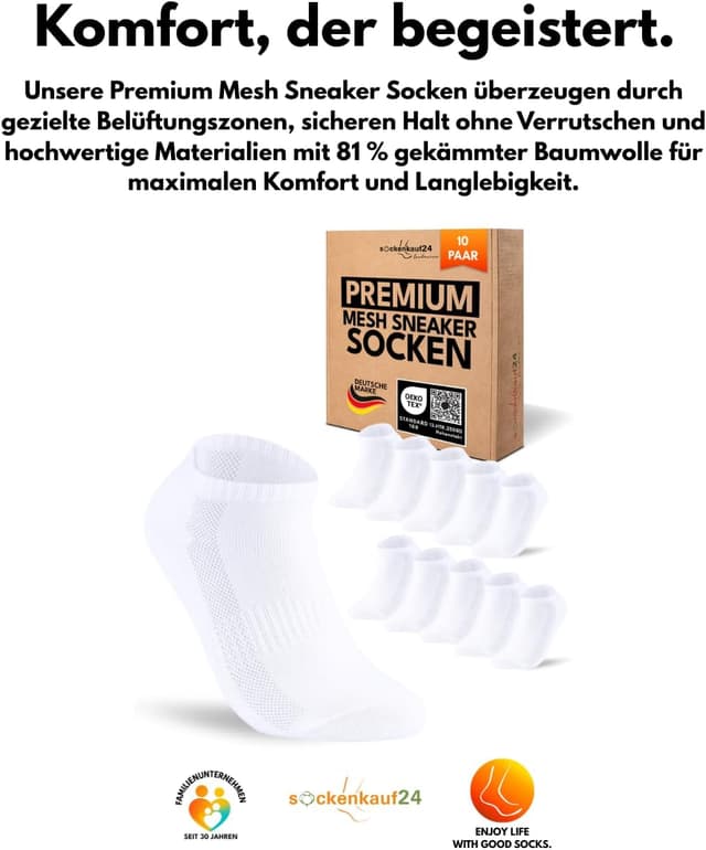 Detalle 2 de sockenkauf24 10 Paar Sneaker Socken aus Baumwolle mit Mesh-Streifen (Herren & Damen)