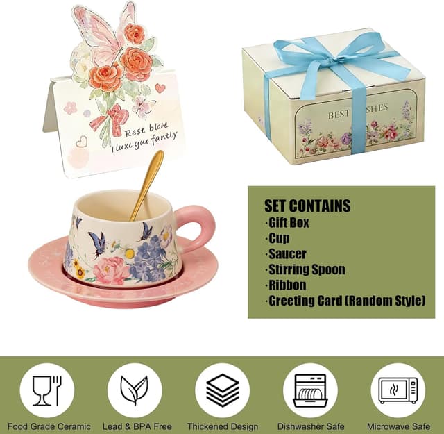 Detalle de ENSFTF Lily of the Valley coffee cup and saucer set (300ml) with stirrer – pink oil painting butterfly gift set
