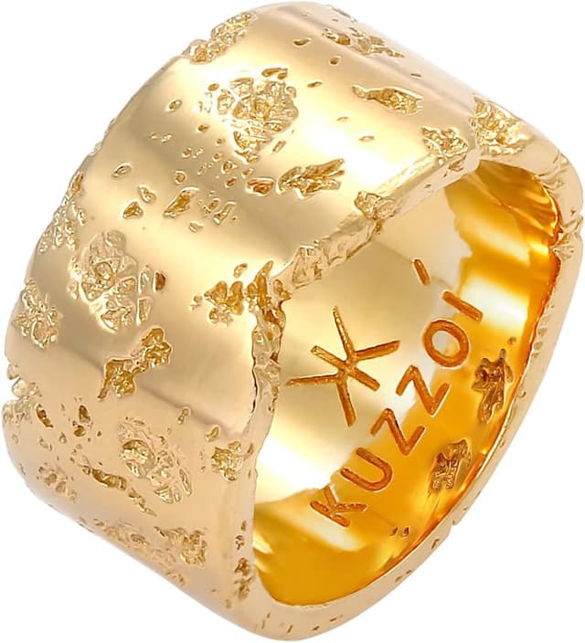 Detalle de Kuzzoi Herrenring (12,5 mm) aus 925 Sterling Silber vergoldet – massiver Bandring mit Hammerschlag-Design
