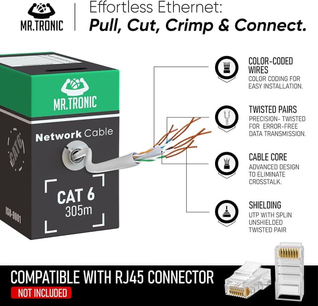 Detalle de Mr. Tronic Cat6 Bulk Cavo Ethernet UTP 305 m: LAN Cat 6 per rete fino a 1 Gbps e 250 MHz