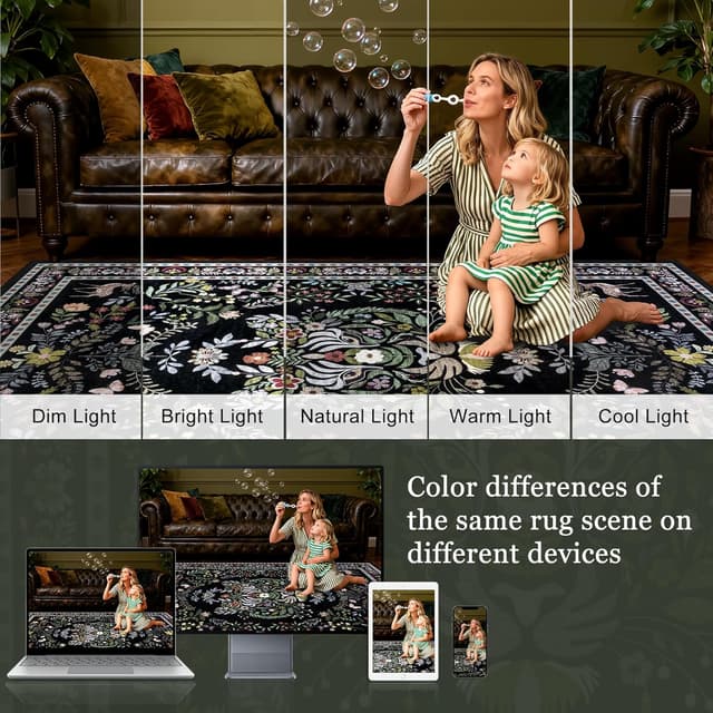 Detalle de 9x12 Area Rugs Living Room Rug (Vintage Washable, Floral Animal Print) Non-Slip, Low Pile, Stain Resistant