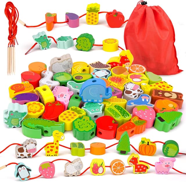 Detalle de Sheirying Montessori Fädelspiel aus Holz mit 42 Perlen (ab 3 Jahren) – Motorikspielzeug zum Lernen