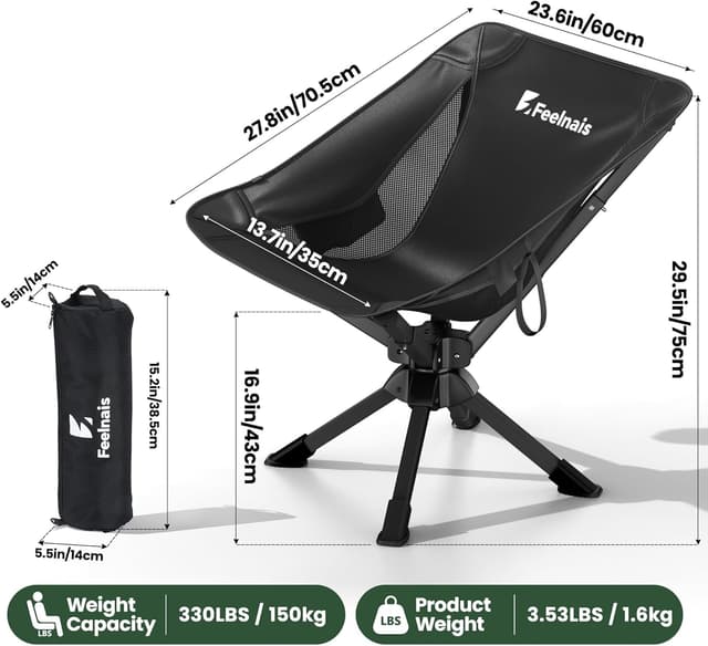 Detalle 2 de Feelnais Folding Camping Chair (360° Swivel) — Lightweight, Portable, No-Assembly Outdoor Chair for Adults