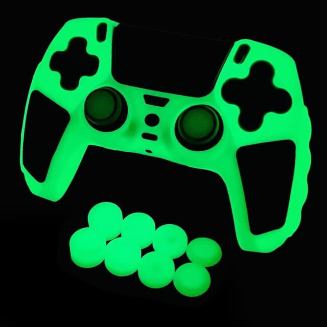 Detalle de HLRAO Glow in the Dark PS5 controller skin with thumb grips (green) – anti-slip silicone cover kit