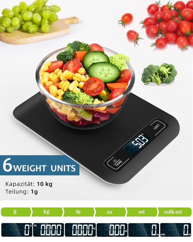 Detalle de Digitale Küchenwaage mit LCD-Display, Tara-Funktion & 1-g-Schritten (schwarz)