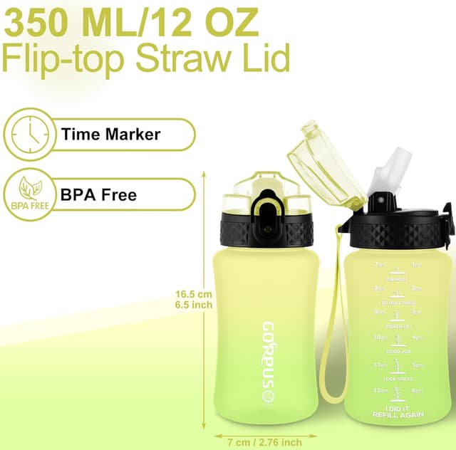 Detalle de GOPPUS 350ml Kids Water Bottle with Straw, Strap & Flip-Top Lid (BPA-free, Leakproof)