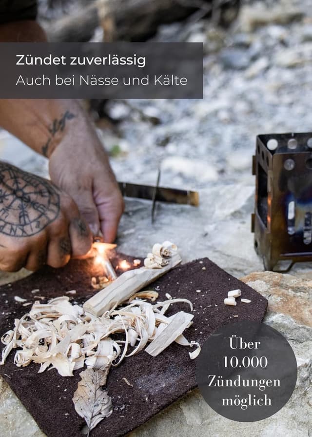 Detalle de LAMBDA COFFEE® Ember Magnesium-Feuerstarter mit Feuerstahl, Kienspan und Metallbox für Zunder