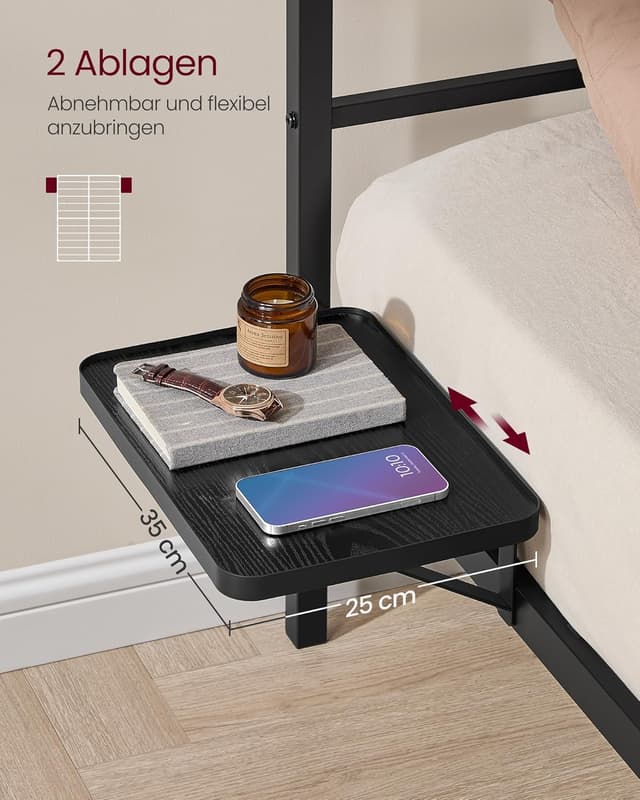 Detalle 2 de VASAGLE Doppelbettgestell 160 x 200 cm aus Metall mit Kopfteil und Aufbewahrungsregalen (mattschwarz)