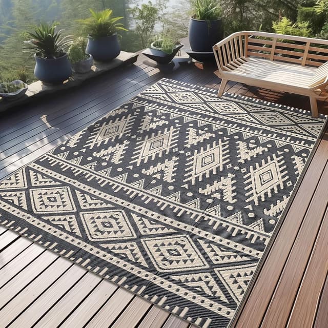 Detalle de Homaxy Outdoor Teppich wetterfest, faltbar & wendbar (120 x 180 cm) in Schwarz & Beige