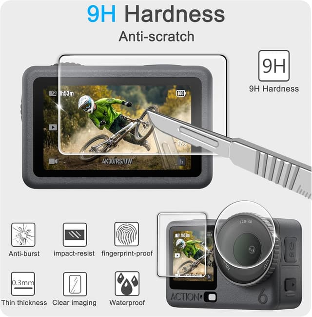 Detalle de FiTSTILL Tempered Glass Screen Protector Set for DJI Osmo Action 5 Pro/4/3 (9-pack) with Silicone Lens Cover