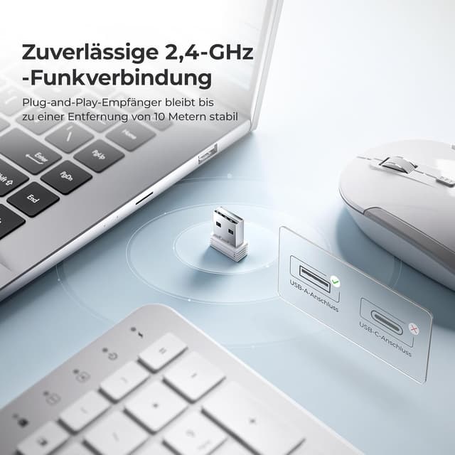 Detalle 1 de iClever Tastatur-Maus-Set kabellos (wiederaufladbar) mit 2,4-GHz-Funk für PC/Laptop, Deutsch QWERTZ – Weiß