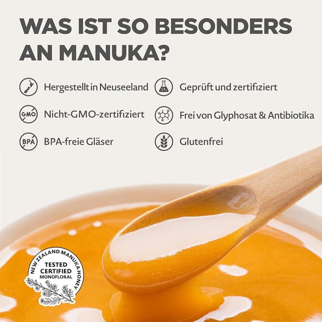 Detalle de NaturalePiù Manuka-Honig 500+ MGO (500 g) – roher Manuka-Honig aus Neuseeland