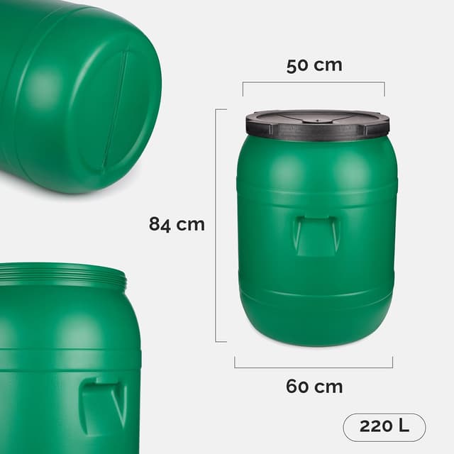Detalle 2 de Garronda 220-Liter Deckelfass/Weithalsfass aus HDPE (GD-0078), grünes Regenfass für Garten, Futter- und Lebensmittelkontakt