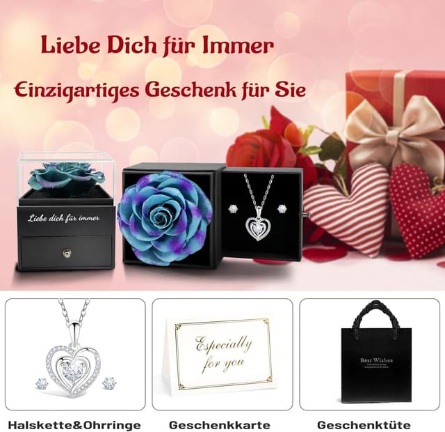Detalle 2 de Yamonic Valentinstagsgeschenk: Ewige echte Rose mit Kette aus 925 Sterling Silber