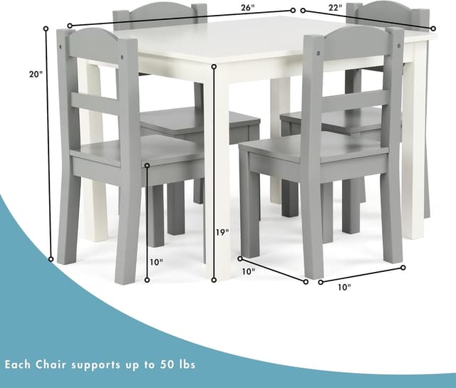 Detalle de Humble Crew Set tavolo quadrato e 4 sedie in legno per bambini (bianco/grigio)