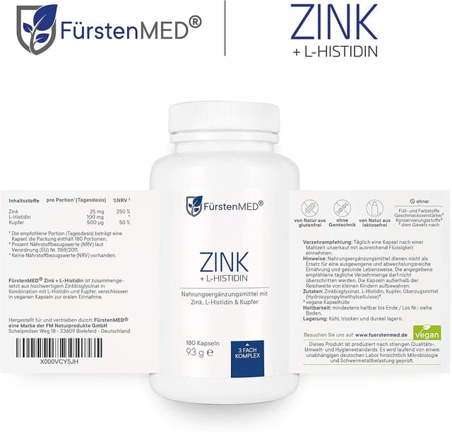 Detalle de FürstenMED® 180 Zink Kapseln hochdosiert (25 mg) aus Zinkbisglycinat mit L-Histidin und Kupfer