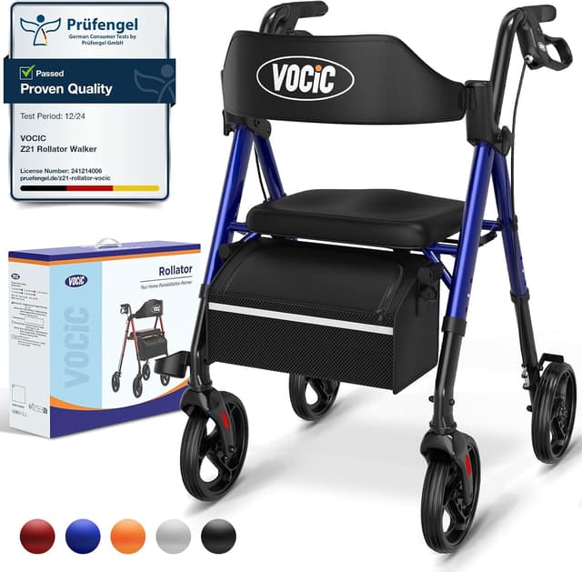 Detalle de VOCIC Z21 Rollator Walker with Seat, Brakes, Bag & 20cm All-Terrain Wheels (Blue) – Adjustable Height Foldable Aid