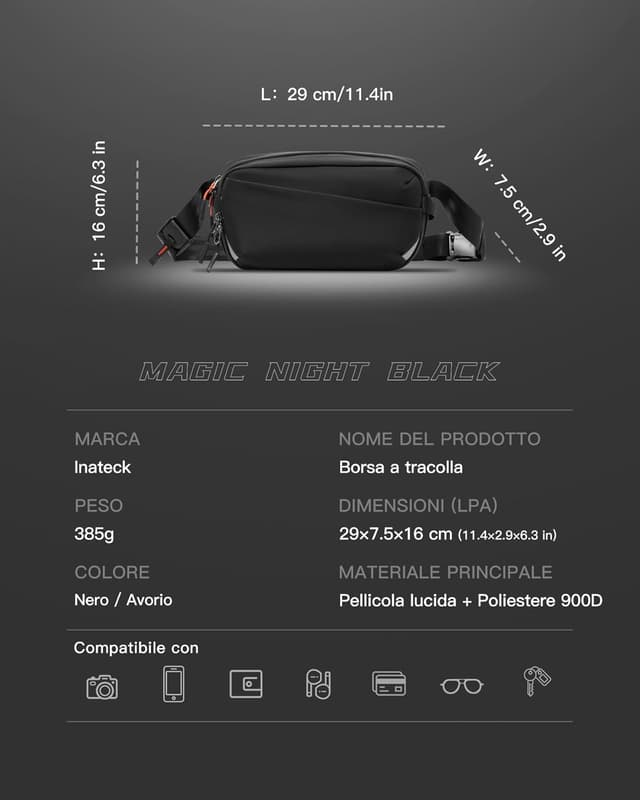 Detalle de Inateck Sling Bag X-Pro: borsa a spalla espandibile e multifunzionale con tasca RFID