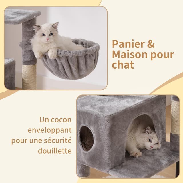 Detalle de Heybly Arbre à chat HCT200SW gris clair : petit arbre rascador avec niche et plateformes