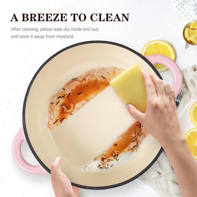 Detalle de Overmont 26cm/5.2L Enamelled Cast Iron Round Casserole Pot with Lid (Pink) — Lid, Cookbook & Cotton Potholders