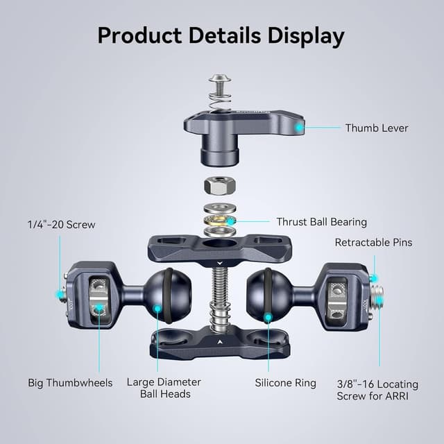 Detalle 2 de SMALLRIG Magic Arm 3874 Dual Ball Heads avec vis de positionnement ARRI 1/4”-20 et 3/8”-16 (charge max. 6 kg, 90 g)