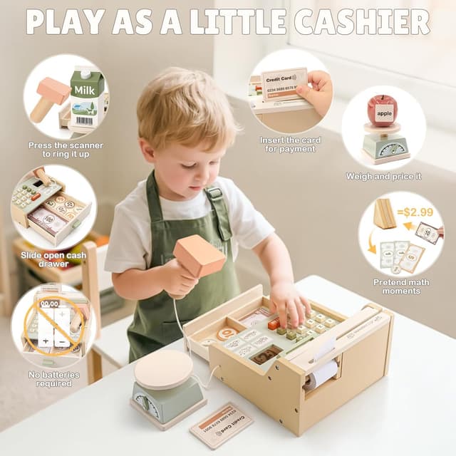 Thumbnail 4 de Dreamon Caisse Enregistreuse Enfants Bois 12 pièces