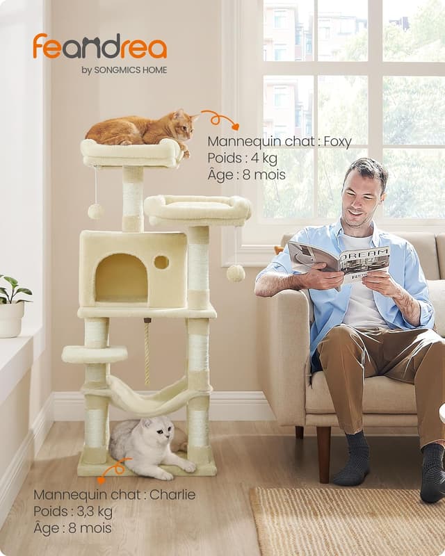 Detalle 2 de Feandrea Arbre à chat PCT215M01 (112 cm) avec 11 poteaux à griffer, hamac et 2 plateformes