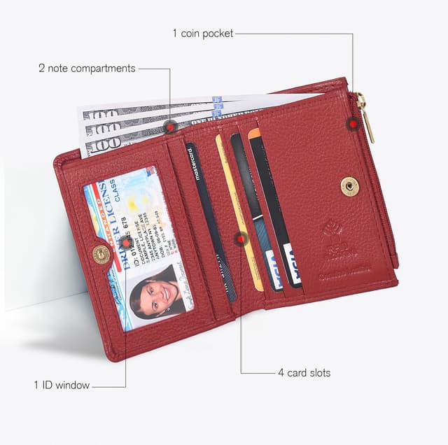 Detalle de Oak Leathers Women’s Full Grain Leather RFID Wallet – Small Bifold Coin Purse with ID & Card Holder (Nappa Red)