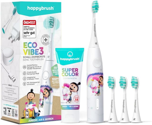 Detalle de happybrush Kids Schallzahnbürste inkl. 3 Aufsteckbürsten – Paw Patrol & Minions Agnes Einhorn-Design