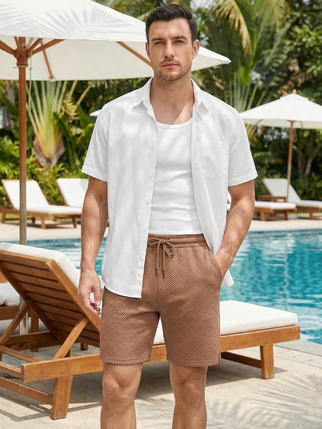 Detalle de JMIERR Herren Textur Kurze Hose mit 3 Taschen – lockere Casual-Shorts mit elastischem Bund