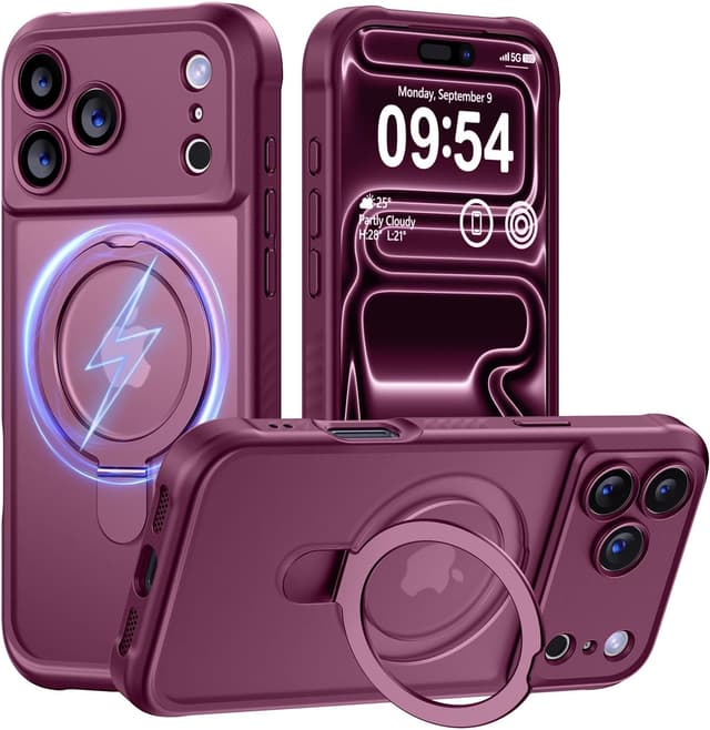 Detalle de MOCCA iPhone 17 Pro Case with MagSafe Invisible Ring Stand & Full Camera Guard (Wine Red)