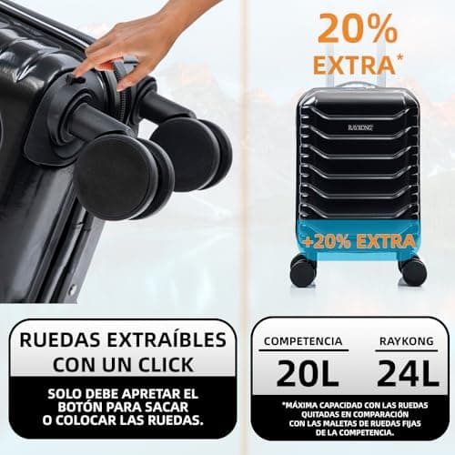 Detalle 2 de RAYKONG Maleta de cabina ABS 40x30x20 (24L) con ruedas desmontables y cerradura numérica – Negro
