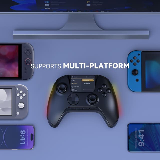 Detalle 2 de FIEHDUW NO DRIFT ManbaOne — manette interactive à écran, joysticks à effet Hall et station de charge pour PC/Switch/iOS/Android