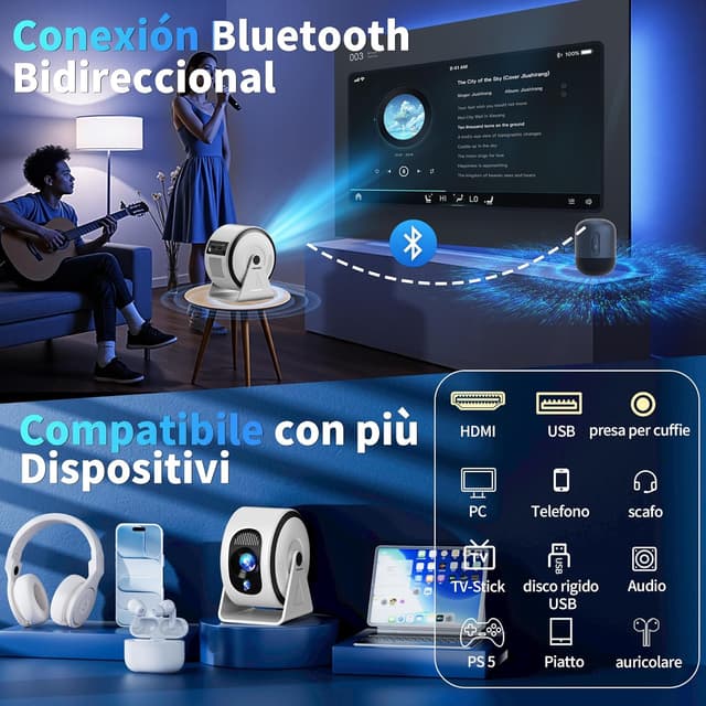 Detalle 2 de Mini Projector portatile con Android TV, WiFi 6 e Bluetooth 5.4, autofocus e correzione trapezoidale 360° (bianco)