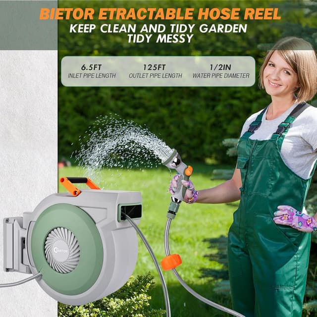 Detalle 2 de Bietor Retractable Garden Hose Reel 38m + 2m (Wall Mounted) with Auto Rewind, Auto Lock and 10-Mode Nozzle
