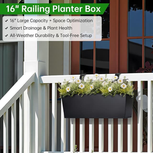 Detalle de OGIMA 41cm Railing Planter Box (3-pack) with adjustable wide hooks for 7cm railings