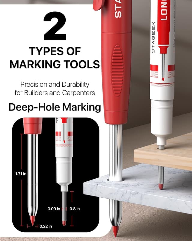 Detalle 2 de STAGEEK Tischler-Bleistifte Set für Baustelle & Holzarbeiten inkl. Markierstift (13 Minen, 2B, 12 Stückminen)